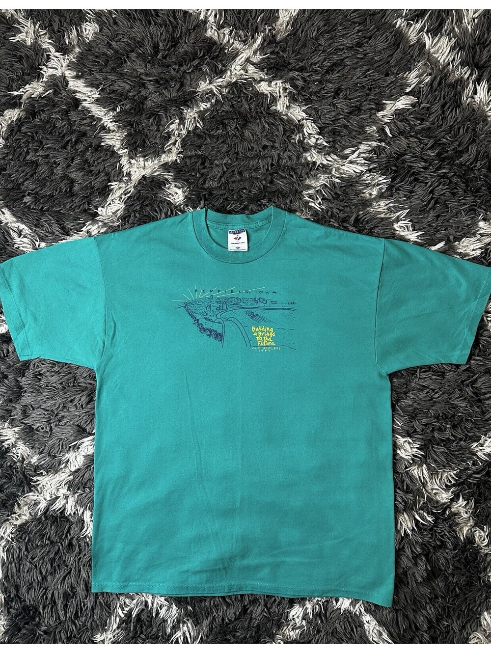 VTG 90s Jerzees Redfield Iowa Old Settlers T-Shirt Mens XL Teal Single Stitch